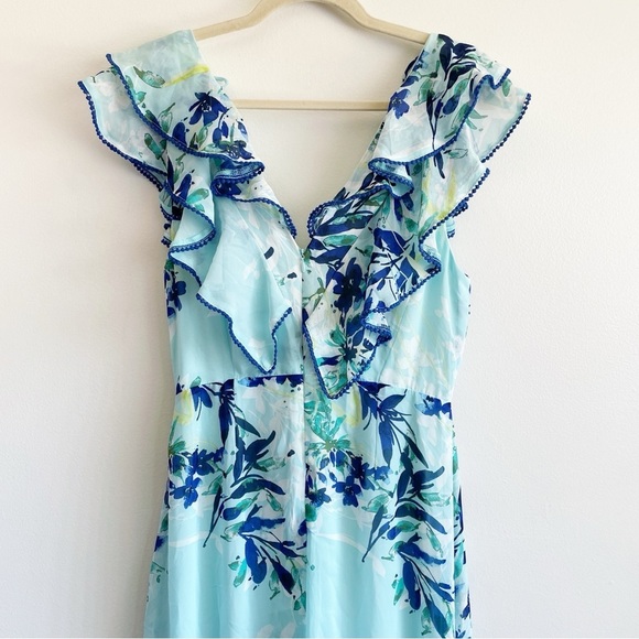 Lulus Sammi Blue Floral Ruffle wrap Maxi Dress Wedding Formal coastal beachy S - Picture 10 of 16